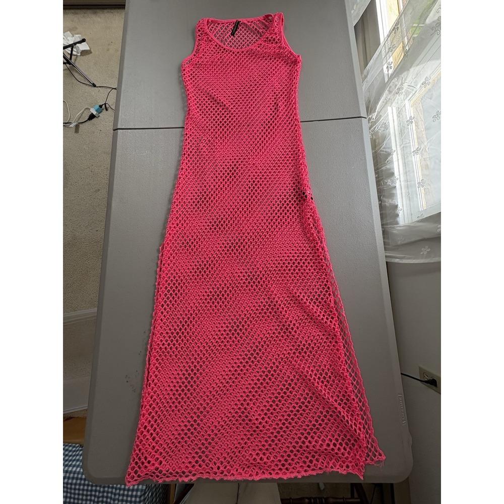 Women Mesh Maxi Cover Up Sz LARGE Neon Pink See Through Summer Dress Beach - Picture 10 of 13